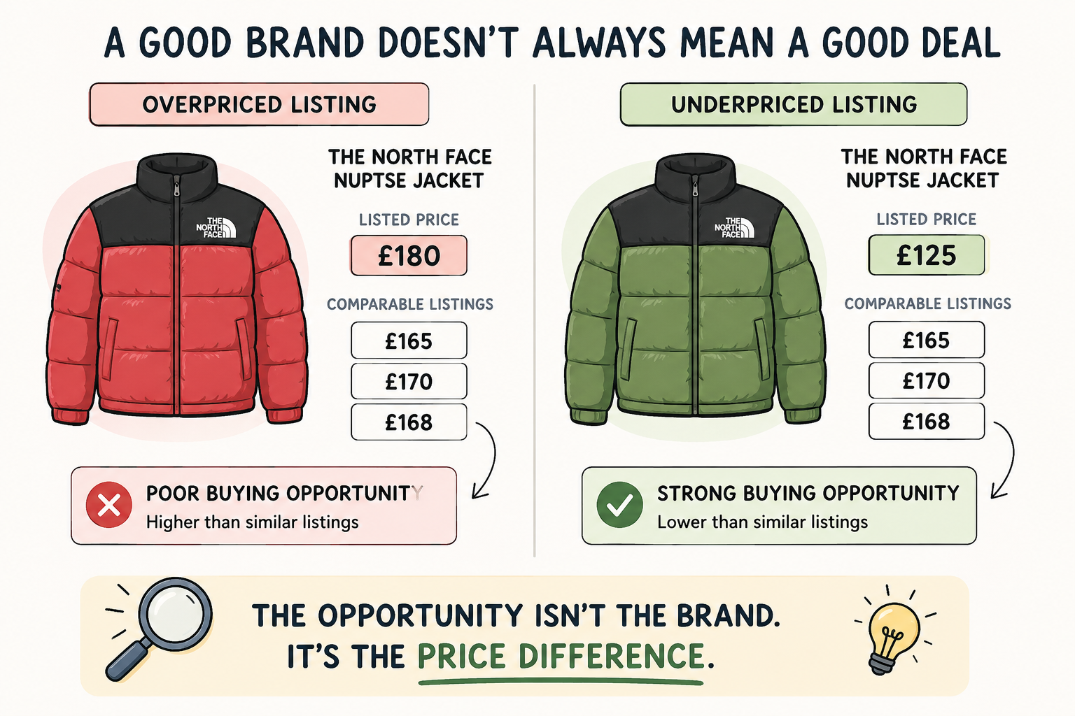 Comparison of an overpriced and underpriced The North Face Nuptse jacket using similar Vinted listing prices