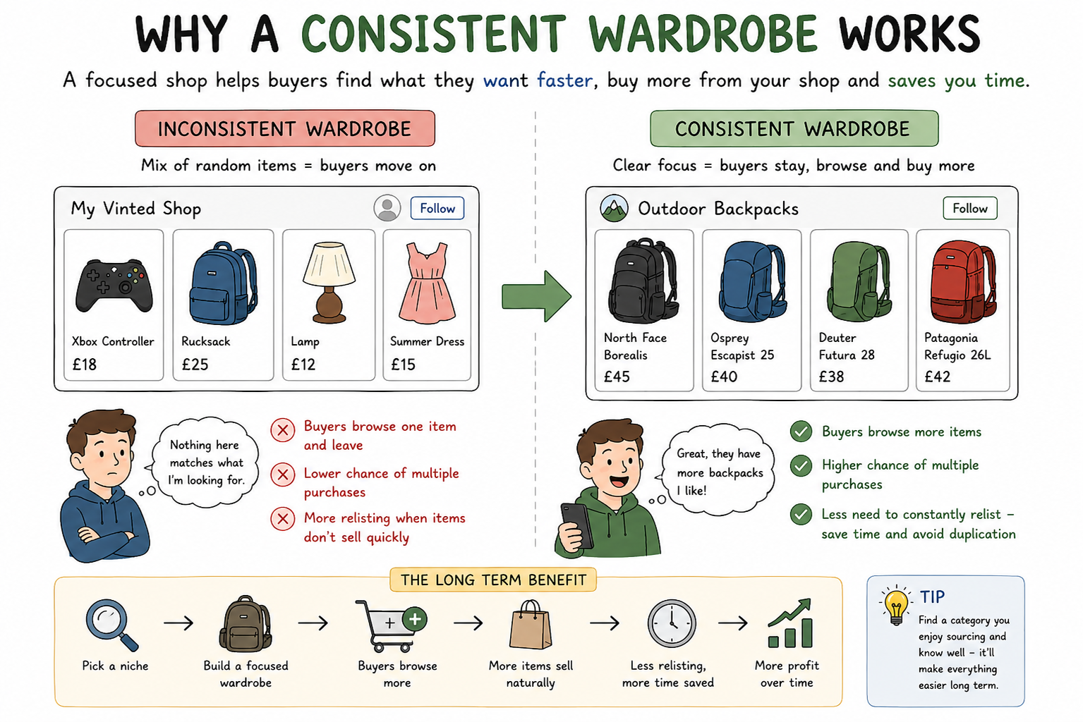 Comparison between an inconsistent Vinted wardrobe and a focused shop selling similar products