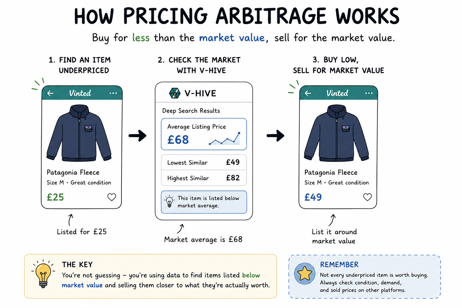 Illustrated explanation of how pricing arbitrage works when reselling an underpriced item on Vinted