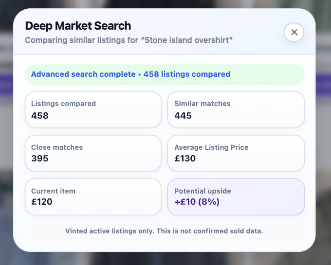 Deep Market Search results showing listings compared, similar matches, close matches, average listing price and potential upside
