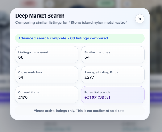 Deep Search results showing listings compared, similar matches, close matches and average listing price