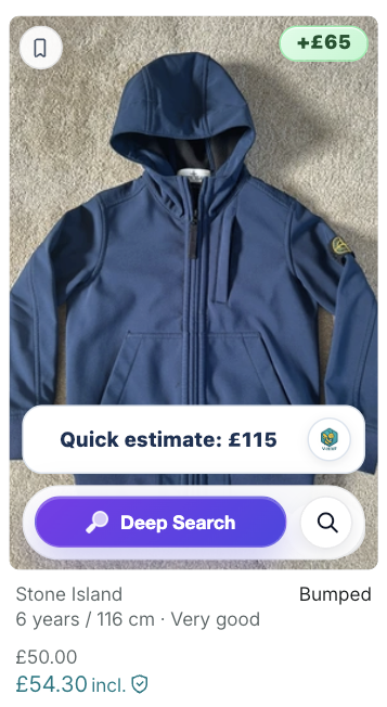 V-Hive listing card showing Quick Estimate, Deep Search button and potential upside indicator