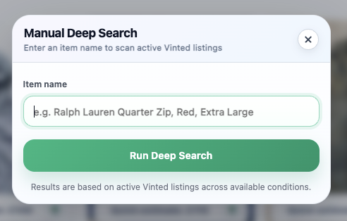 Manual Deep Search dialog for entering a custom item name to scan active Vinted listings