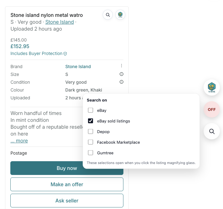 Manual Search panel showing marketplace options including eBay, Depop, Facebook Marketplace and Gumtree