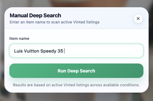 Manual Deep Search input window — enter an item name to scan active Vinted listings