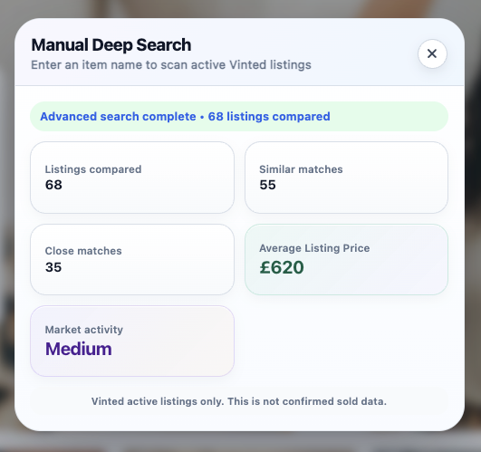 Manual Deep Search results showing listings compared, similar matches, close matches, average listing price and market activity