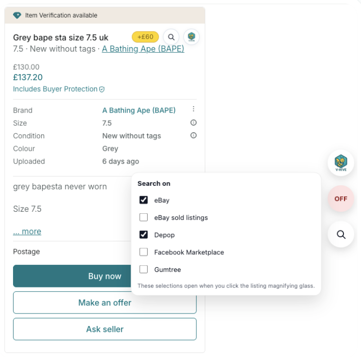 Manual Search marketplace selector showing eBay, eBay sold listings, Depop, Facebook Marketplace and Gumtree options
