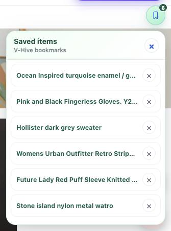 V-Hive Bookmarks panel showing a list of saved Vinted listings