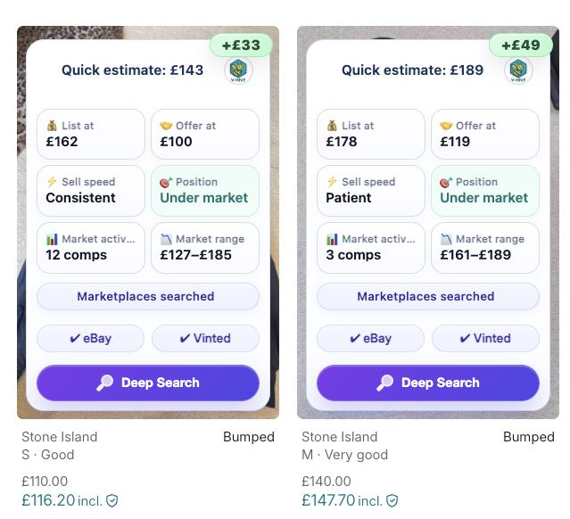 V-Hive listing card showing the Deep Search button