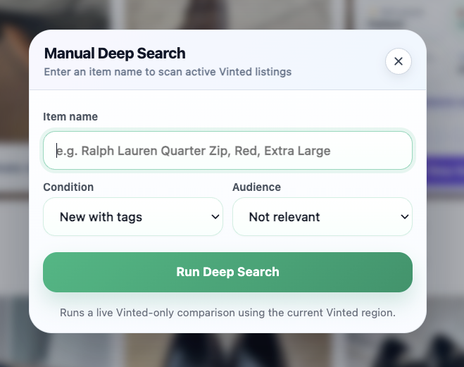 V-Hive Manual Deep Search modal — enter an item name to scan Vinted