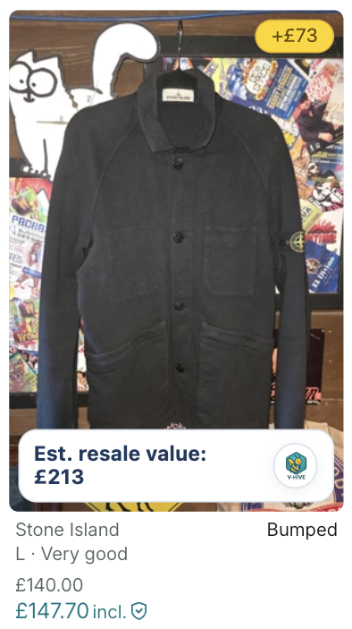 V-Hive showing Stone Island listing with estimated resale value of £213 and +£73 upside